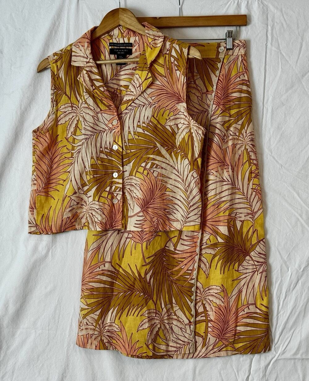 Tahari Linen Wrap Midi Skirt & Sleeveless Top Set European Flax Tropical Size M